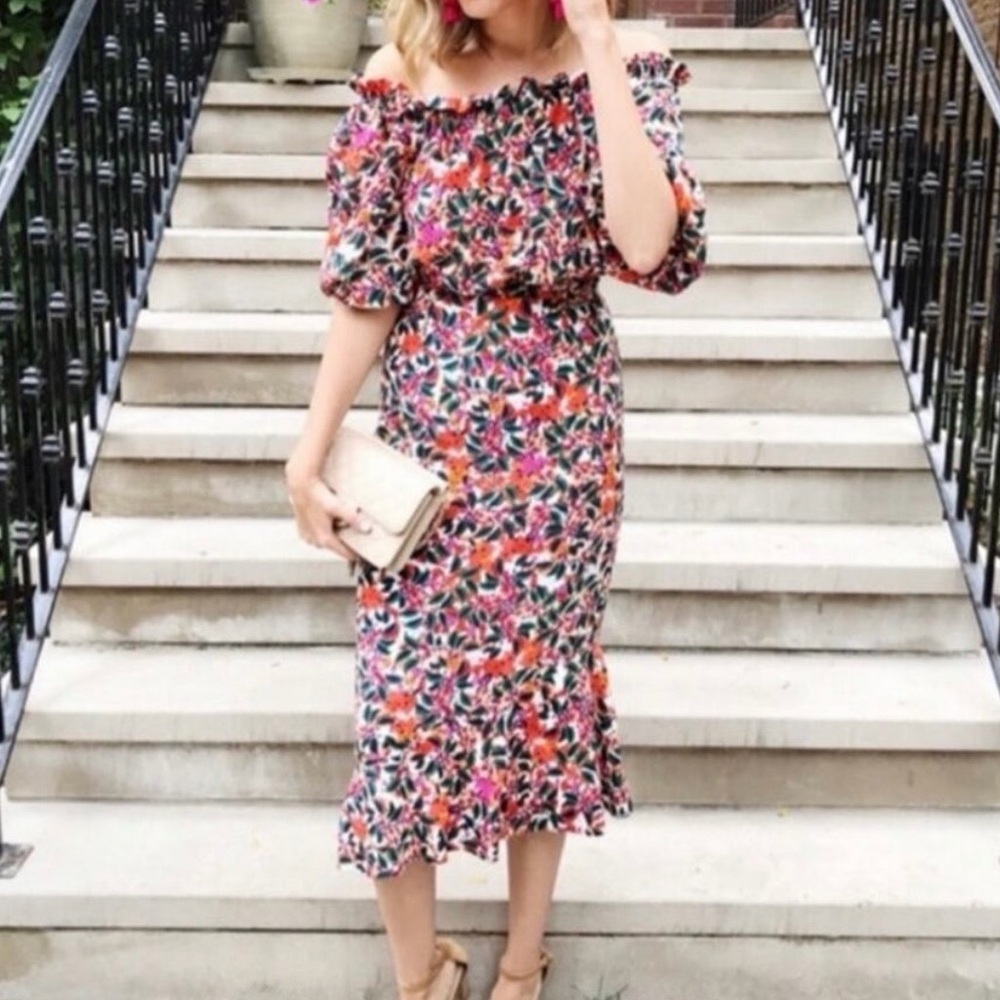 SALONI Grace Silk Midi Dress Off Shoulder Floral Multi Size 8 - Picture 2 of 12